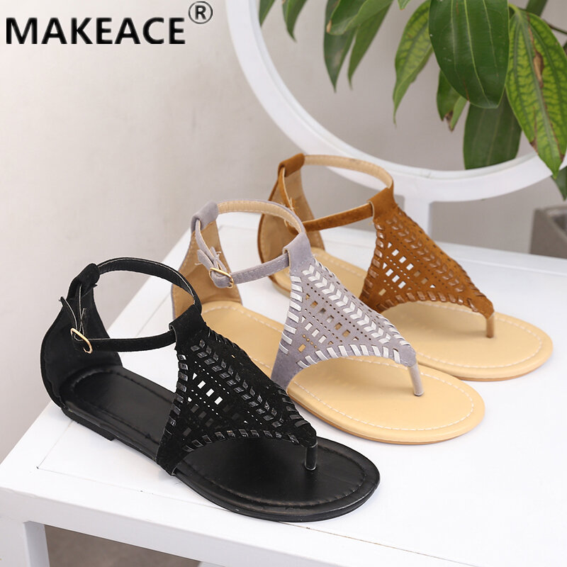 Summer Women's Sandals Fashion Leather Woven Hollowed-out Open-toe Sandals Beach Party Toe-clip Roman-style Sandals for Women