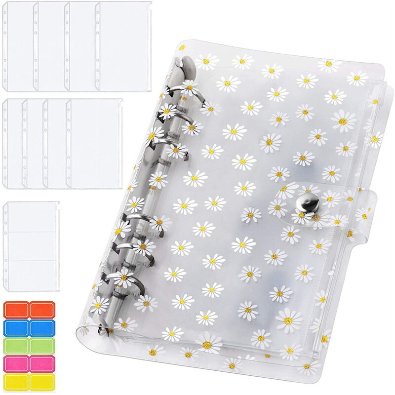 2021 nuevo A6 de cuero de la PU de Daisy carpeta cremallera bolso transparente de la bolsa de Loose-leaf efectivo presupuesto planificador manual organizador para suministros de oficina