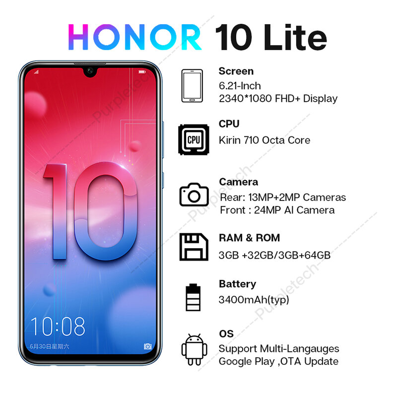 Globalna wersja Honor 10 Lite telefon komórkowy Kirin 710 Octa Core 6.21 "24MP przedni aparat Smartphone Android 2340X1080P i OTA
