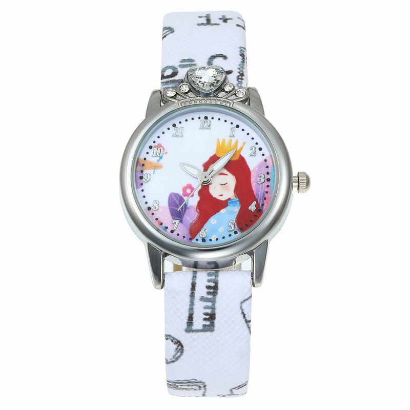 여자 시계 공주 키즈 시계 가죽 스트랩 귀여운 어린이 만화 손목 시계 핑크 선물 키즈 소녀 교육 시계