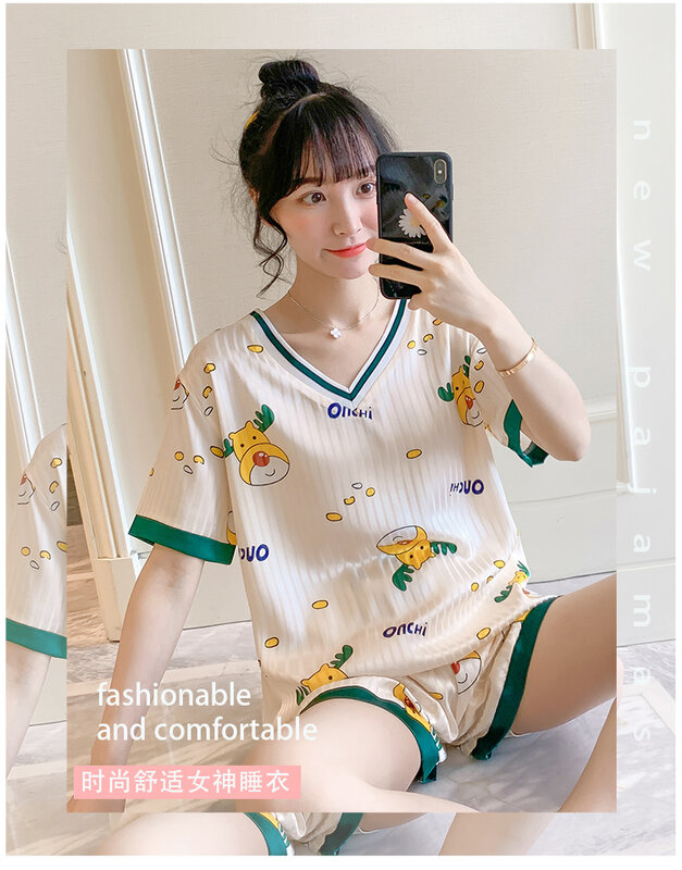 Pijamas coreanas de verano para mujer, traje fino corto de manga corta de hielo, ropa de hogar de ciervos amarillos dulces, se puede llevar en verano