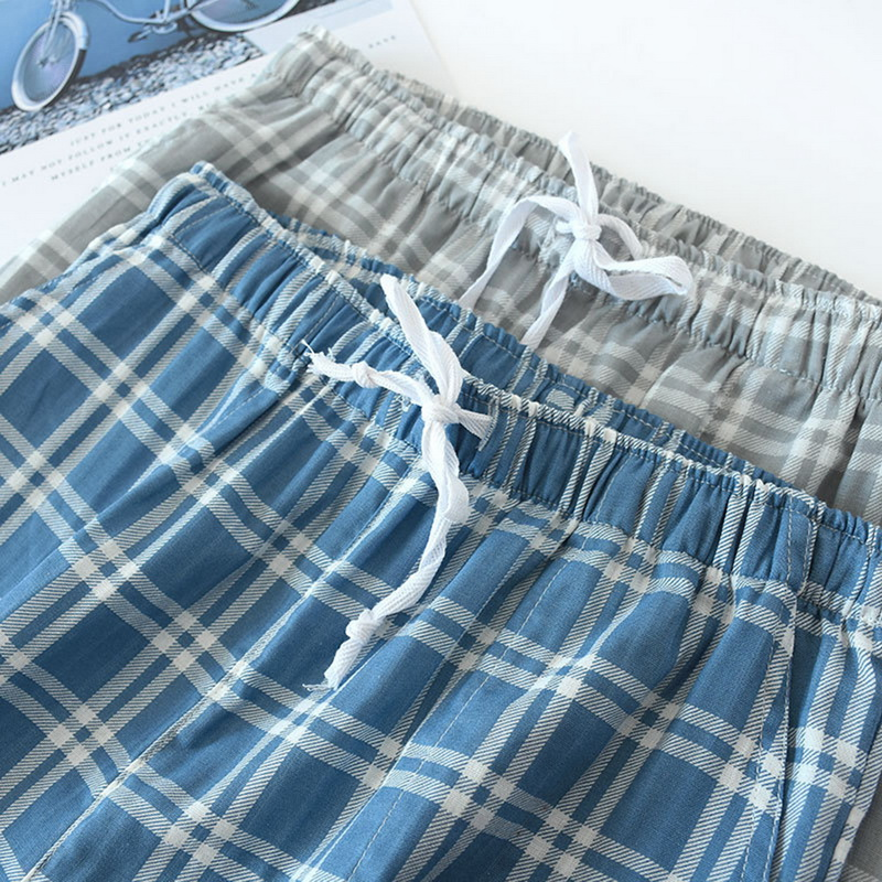 Calças masculinas algodão xadrez pijama calças casa casual quarto com ar condicionado solto calças tamanhos grandes verão e outono fino