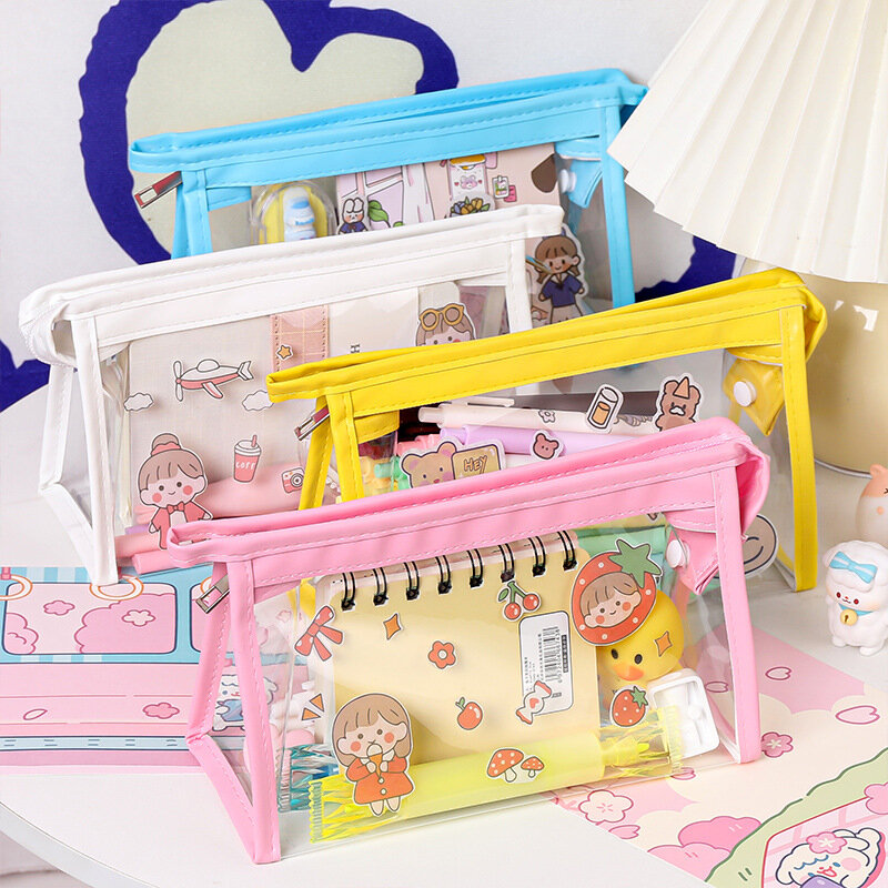 Cute Girls Clear PVC Zipper Pen Pencil Case Portable Travel Toiletry Bag Large Capacity Stationery