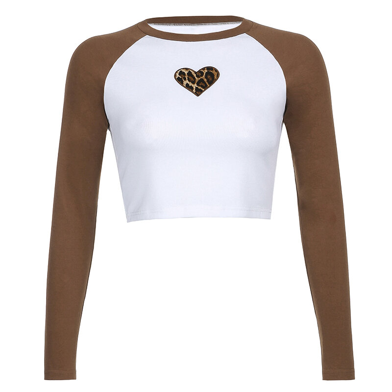 Wyszywane serce Y2K brązowe krótkie bluzki damskie w stylu Vintage patchworkowy w stylu Casual Leopard koszulki Harajuku estetyczne 90s koszulki Cuteandpsycho