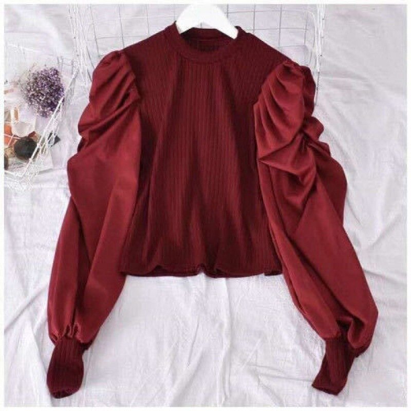 가을 여성 2021 새로운 한국어 뜨개질 스티치 퍼프 슬리브 긴 소매 슬리밍 패션 디자인 솔리드 컬러 bottoming 셔츠