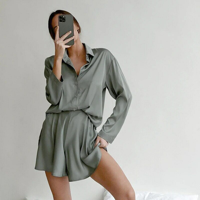 Summer Women Two Piece Satin Set Casual High Waist Shorts Shirt Suit Mujer Female Fashion Outfit
