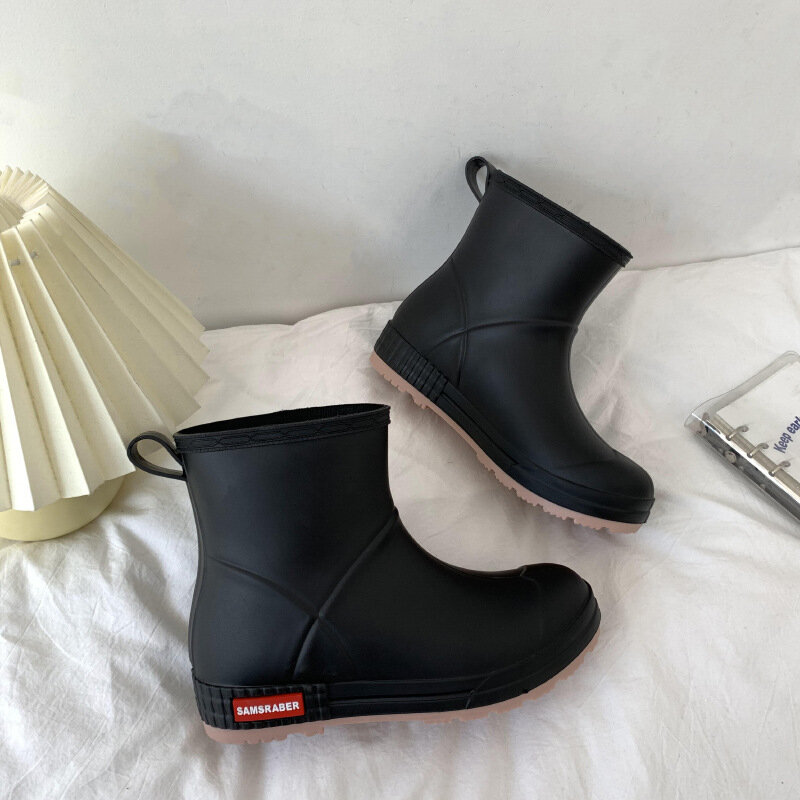 Sapatos de chuva femininos de baixo tubo de moda à prova dwaterproof água sapatos de chuva cor sólida deslizamento de pvc em toe redondo sapatos de chuva com conjuntos de algodão