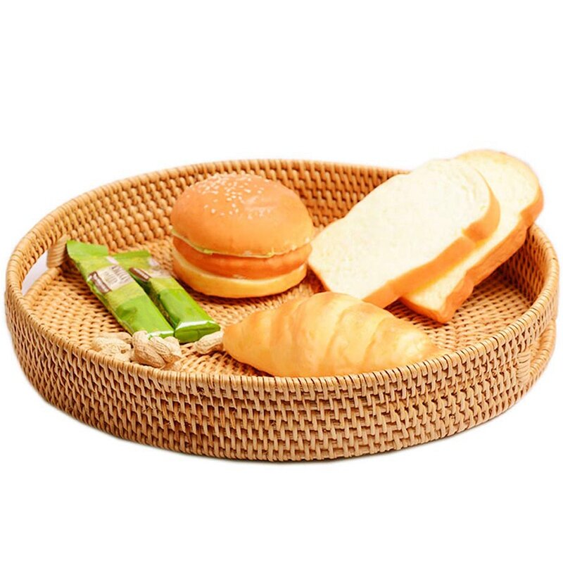 Rattan Hand Woven Round High Wall Severing Tray Food Storage Platters Plate with Handles for Breakfast, Drinks, Snack for Coffee