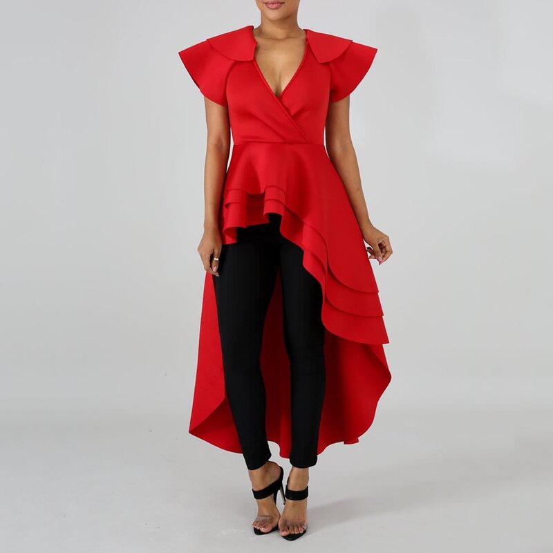 African Women Red Long Ruffles Blouse Irregular High Low Ladies Fashion Summer Tops And Blouses Falbala Asymmetric 2020 Female
