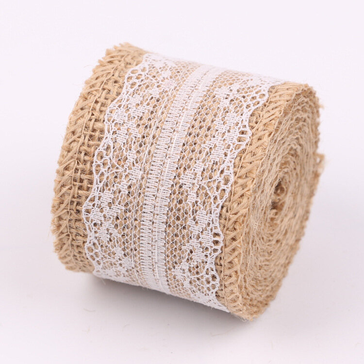 2 Yards/Roll Natural Burlap Ribbon Rolls with Lace Jute Twine for DIY Handmade Wedding Party Crafts