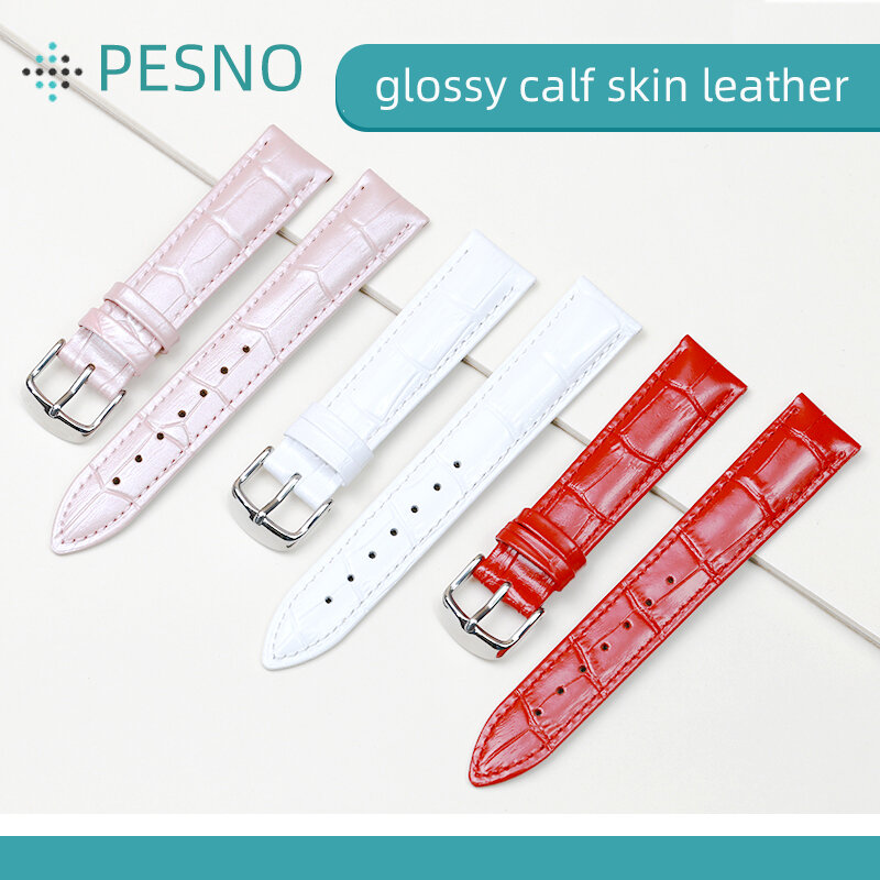 Pesno Beauty Calf Skin Bamboo Grain Genuine Leather Watchband Shinny Red White Pearl Pink with Pin Buckle Women Wrist Strap