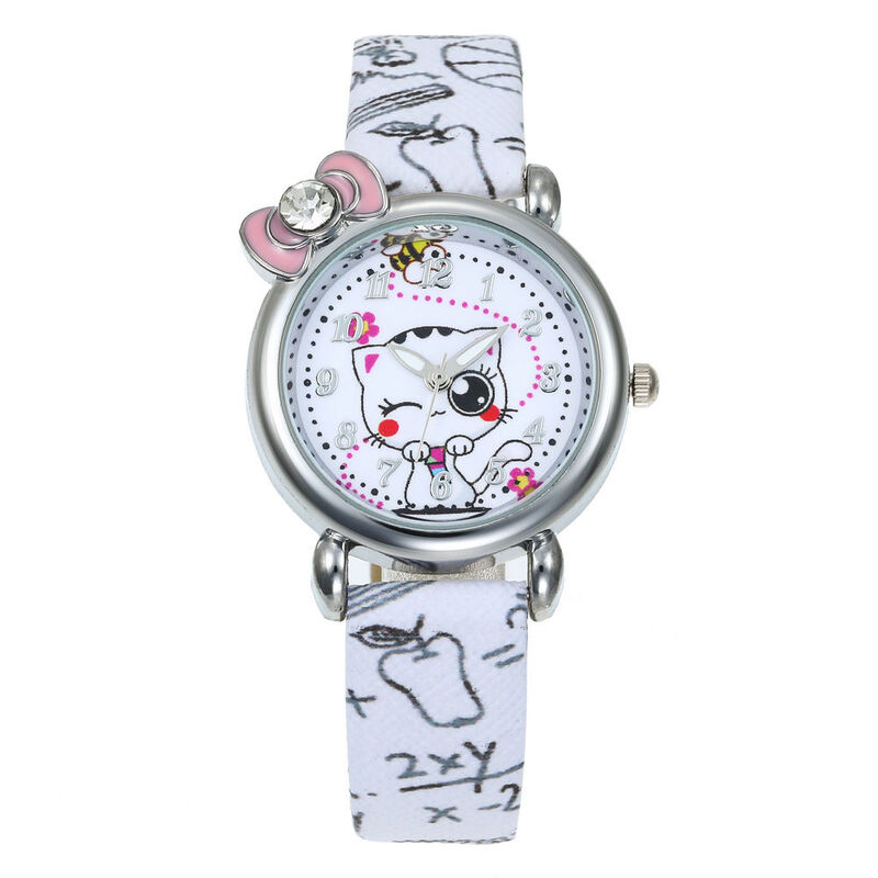 Новые Мультяшные детские часы с котом, модные часы для девочек, детей, студентов, алмазные кожаные аналоговые наручные часы, милые розовые ч...