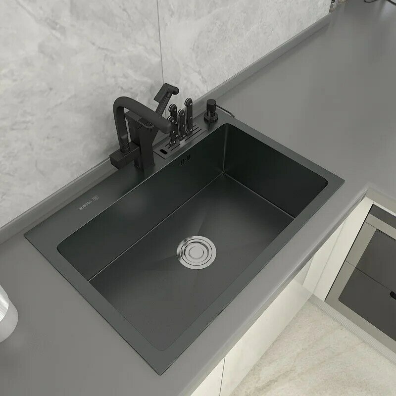AUSWIND-أحواض مطبخ من الفولاذ المقاوم للصدأ ، وعاء واحد مع حامل سكاكين وملحقاته ، حوض أسود مركب تحت التثبيت