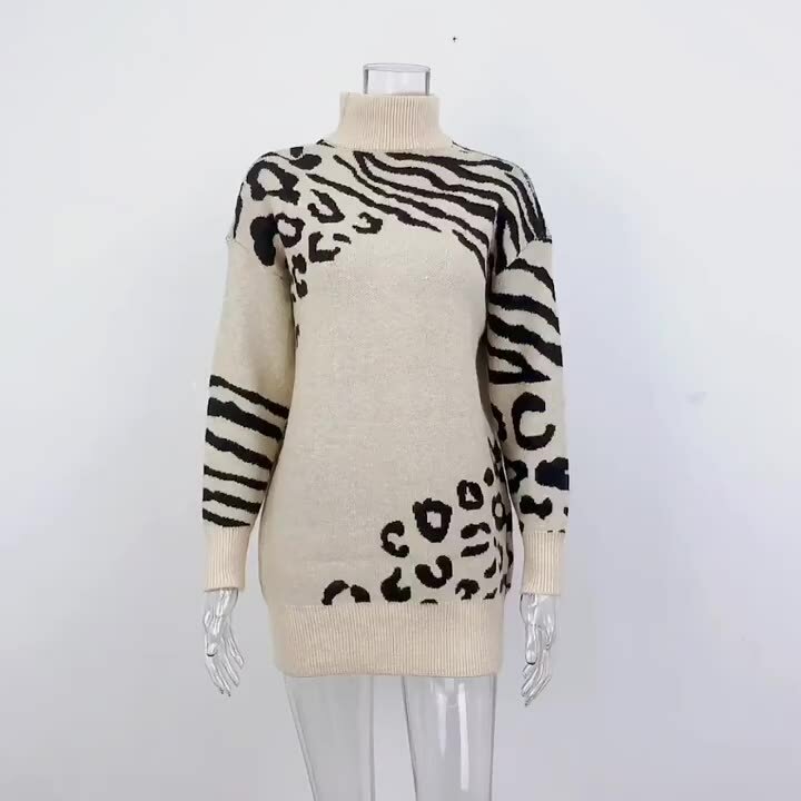 높은 품질 레오 파 드 니트 풀 오버 드레스 터틀 넥 캐주얼 여성 스웨터 드레스 겨울
