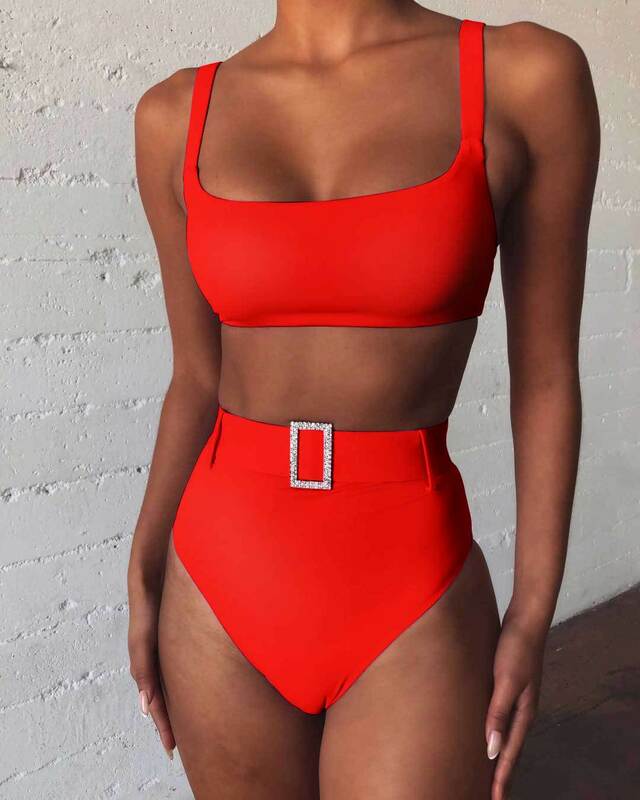 Imitation Diamonds High Waist Sling Bikini Summer Ladies Sexy Low Cut Backless Quick-dry Push Up Red Bathing Suits 2 Pieces Sets