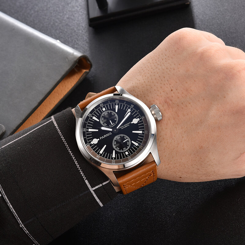 Parnis casual 46.5mm mostrador preto automático relógio mecânico masculino reserva de energia pulseira de couro marrom relógios masculinos herren uhren 2020