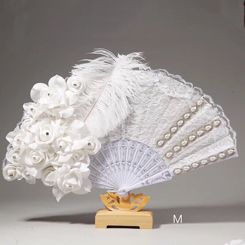 Handgemaakte Bruiloft Bridal Feather Fans Kant Slik Wit Dames Fan Voor Dans Bruiloft Decoratie Diy Hand Fan Abanicos Para Boda