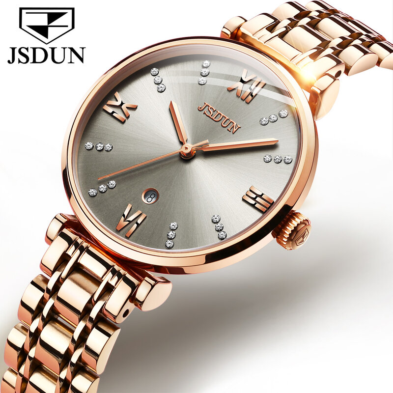 Jsdun-relógio de pulso de luxo feminino, safira, aço inoxidável, com calendário, pulseira, à prova d'água, famoso, para mulheres