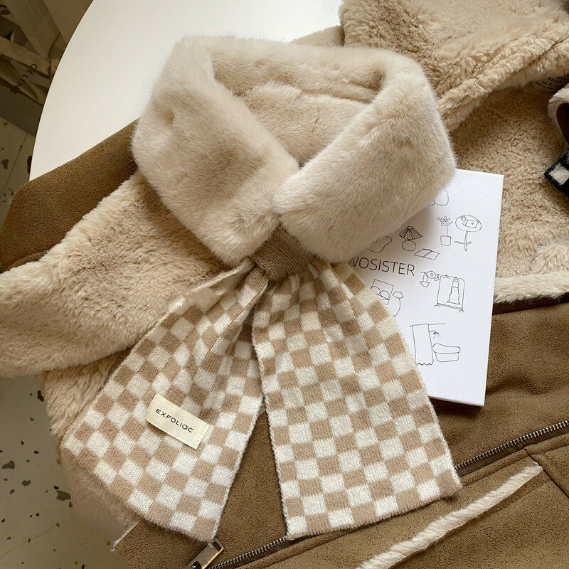 Foulard tricoté à carreaux pour femmes, mode coréenne, épais et chaud, en fausse fourrure de lapin, pour dames, nouvelle collection 2021