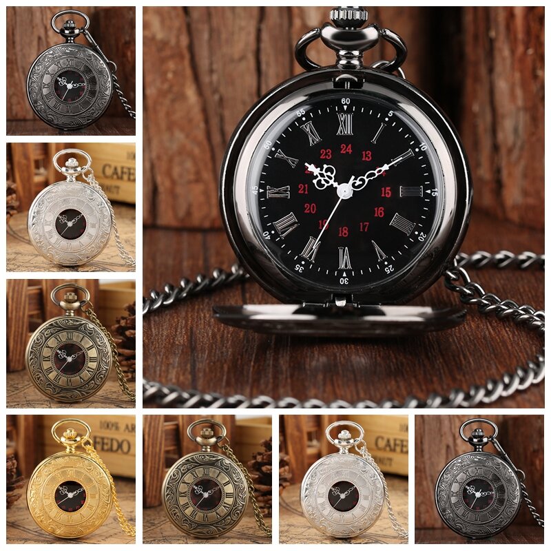 สีดำตัวเลขโรมัน Quartz นาฬิกาผู้ชายผู้หญิงสีดำ Hollow Steampunk Vintage จี้สร้อยคอของขวัญที่ดีที่สุดสำหรับผู...