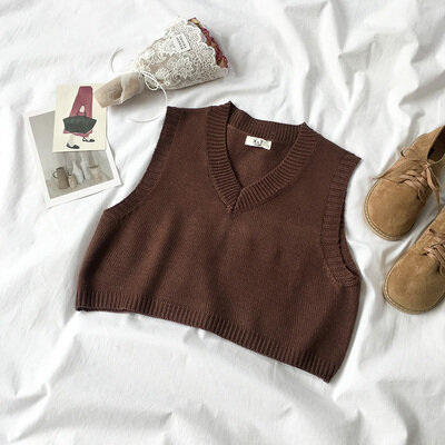 Autumn Sleeveless Sweater Women Sweet Solid Color V Neck Knitted Loose Sleeveless Slim Vest Jumpers Pull Femme