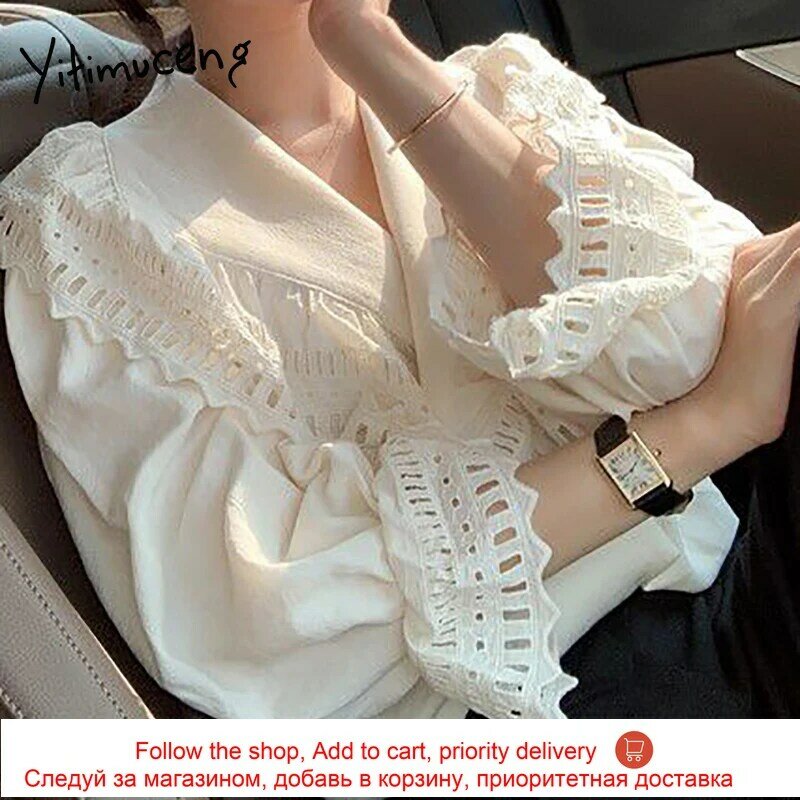 Белая женская блузка Yitimuceng с цветочным крючком, ажурные рубашки на пуговицах, с расклешенным рукавом, Одноцветный, весна-лето 2021, корейские ...