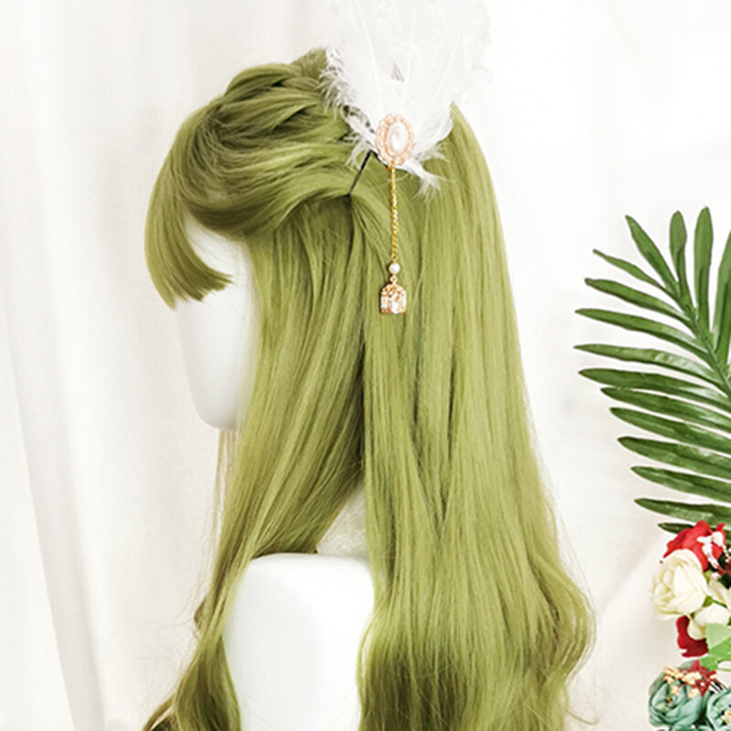 CosplayMix Lolita 65CM ciano verde lungo ondulato frangia resistente al calore capelli signora Halloween carino festa parrucca sintetica Cosplay + cappuccio