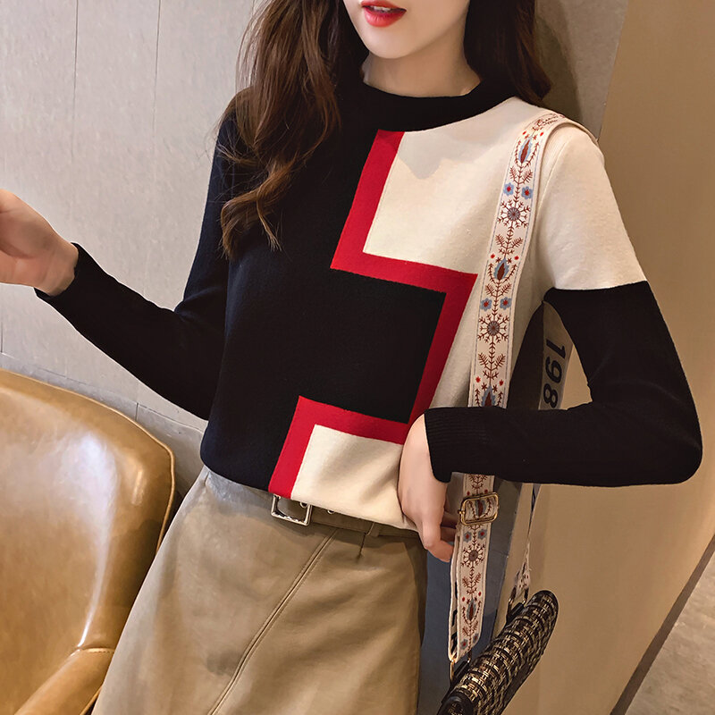 Sweater Women for Autumn 2022 Fashion Autumn Contrast Color Patchwork Knitted Long Sleeve Pullovers Female Tricot Jumper Femme