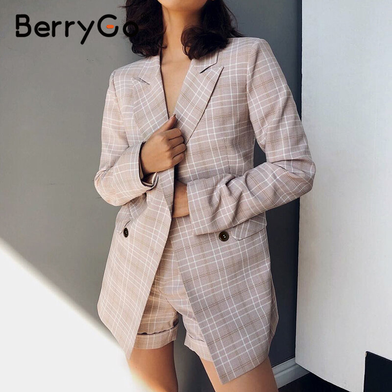 Berrygoツーピース女性の格子縞のブレザースーツダブルブレストハイストリート女性ブレザーショーツセットビジネスオフィスの女性のブレザーセット