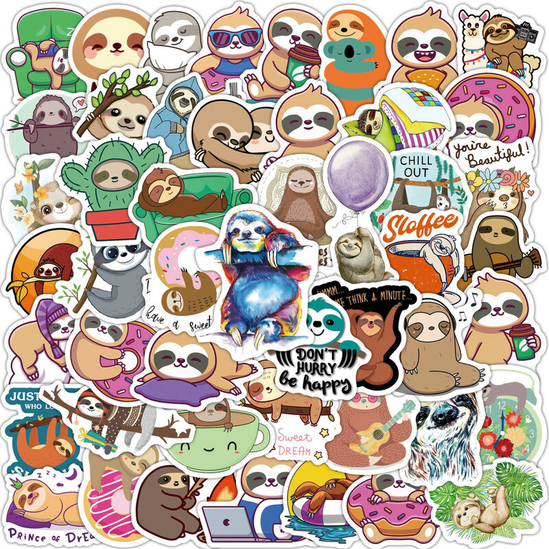 10/50/100PCS Cute Sloth Stickers Pack for Kids Cartoon Animal Sticker Waterproof Decals for DIY Guitar Bicycle Skateboard Laptop