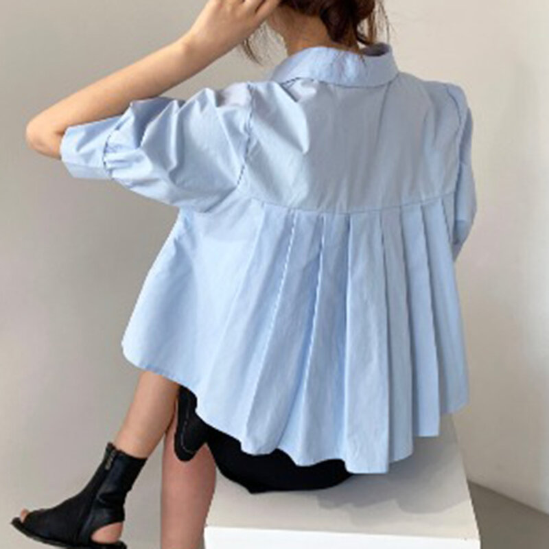 韓国の夏-プリーツデザインの半袖ブラウス,ボタン留めの新しい無地のラペルシャツ,カジュアル,2021