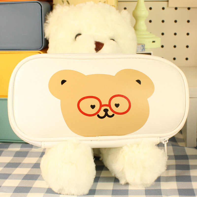 Kawaii Bear PU Leather Pencil Case Large Capacity Pen Bag Stationery Cosmetic Makeup Bags for Kids Student School Supplies