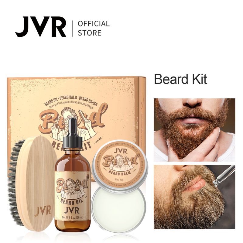 JVR Natural Beard Oil 남성용 컨디셔너 Groomed Growth 56ml + Beard Wax 36g + Soft Brush Beard Comb