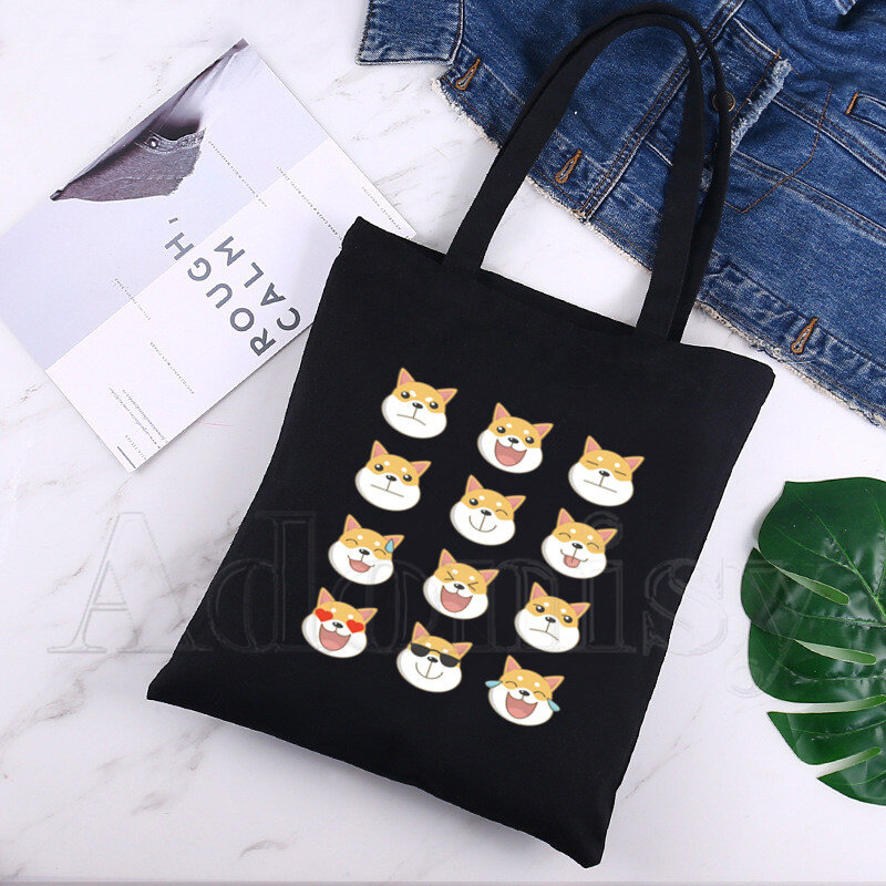 Shiba Inu-Bolso de mano personalizado para hombre y mujer, bolsa de lona con estampado de compras, diseño Original, de viaje, plegable, ecológico, color negro, Unisex
