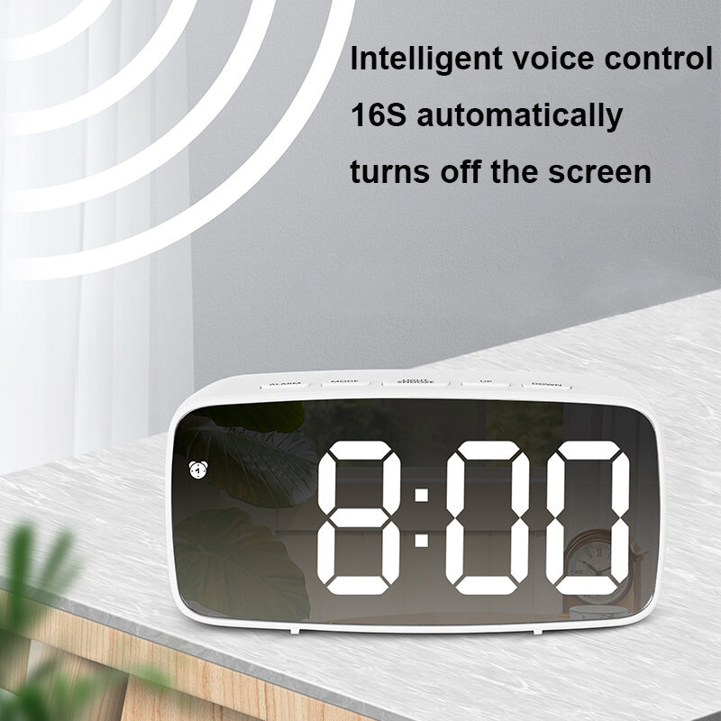 นาฬิกาปลุกดิจิตอล LED กระจกนาฬิกาปลุก Snooze ฟังก์ชั่นสำหรับห้องนั่งเล่นห้องนอนตารางนาฬิกาอิเล...