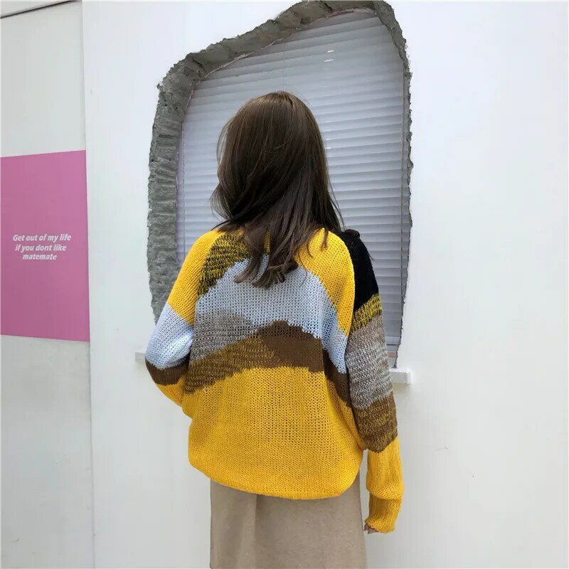 2020 봄 가을 한국 여성 스웨터 캐주얼 O 넥 패치 워크 니트 풀오버 느슨한 우아한 대형 스웨터