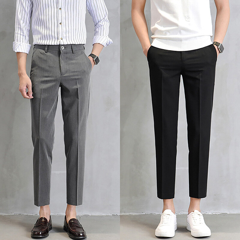 Men Suit Pants Fashion Slim-Fit Straight Trousers Business Casual Ninth Pants With Pockets Pure Black Khaki Grey Suit Pants