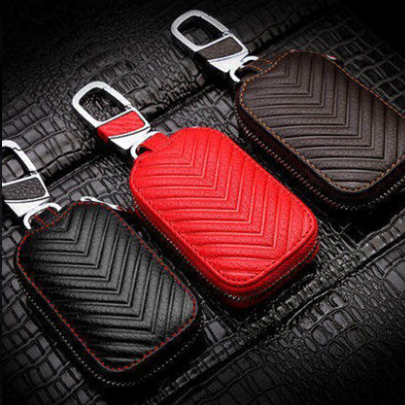 Genuine Leather Key Wallet High Quality Fashion Stripe Men Car Key Bag Simple Solid Color Home Storage Female Coin Change Wallet
