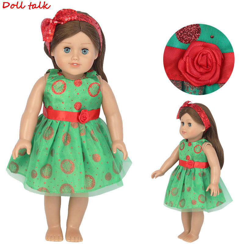 Vestido de muñeca americana de 18 pulgadas con diadema de lazo, nueva falda navideña larga estampada a la moda para muñecas bebés, ropa para muñecas de 43cm