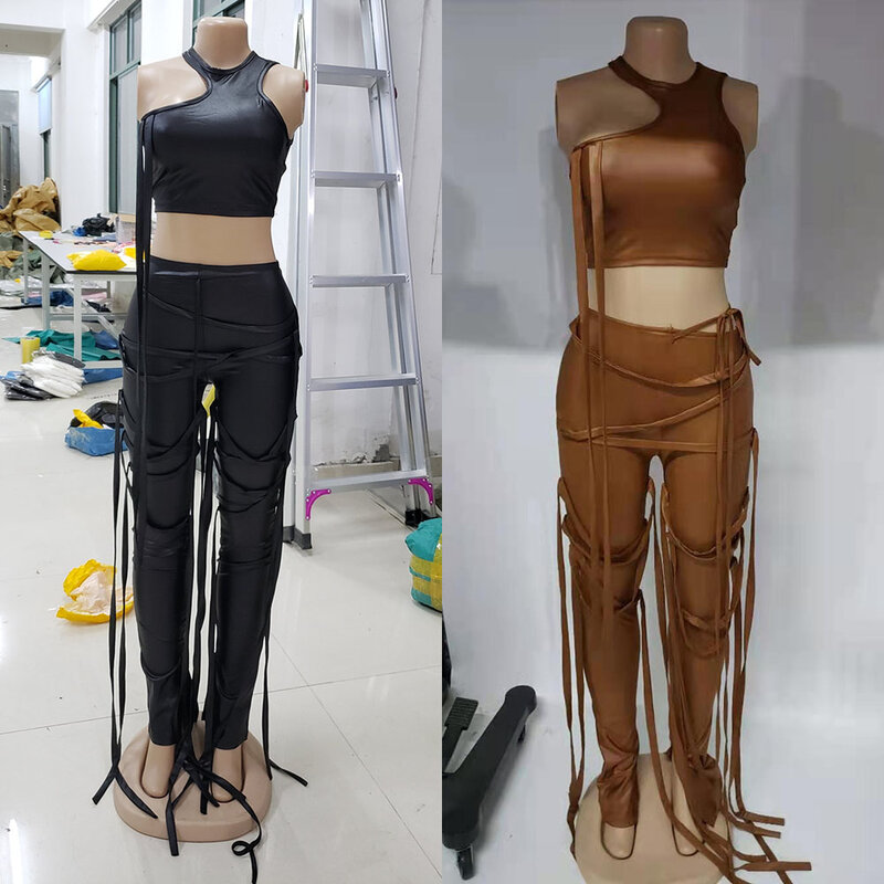 GSUWOO PU Leather Bandage Two Piece Sets Women Sexy One Shoulder Crop Top + Lace Up Slit Hem Pants Party Clubwear Matching Set