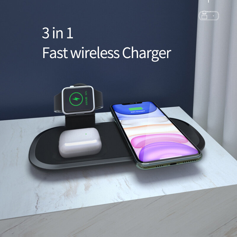 Беспроводное зарядное устройство 3 в 1 для Samsung S10 Note 20 iPhone 11 Pro, док-станция быстрой зарядки для Apple Watch 6 5 4 3 Airpods, 15 Вт