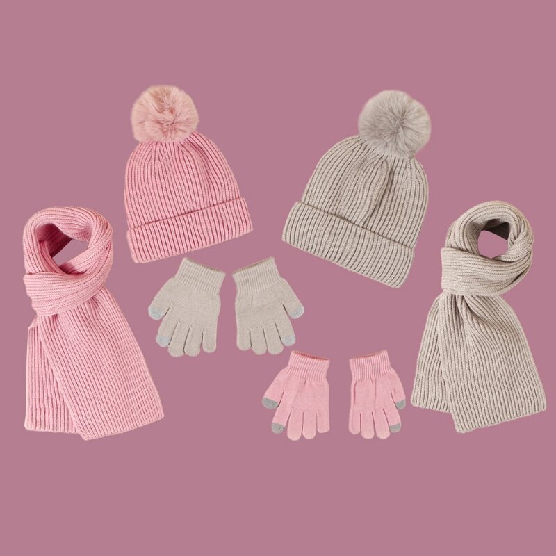 Dziecko czapka zimowa ciepły szalik zestaw rękawiczek pompony dziergana czapka szalik maluch L41B