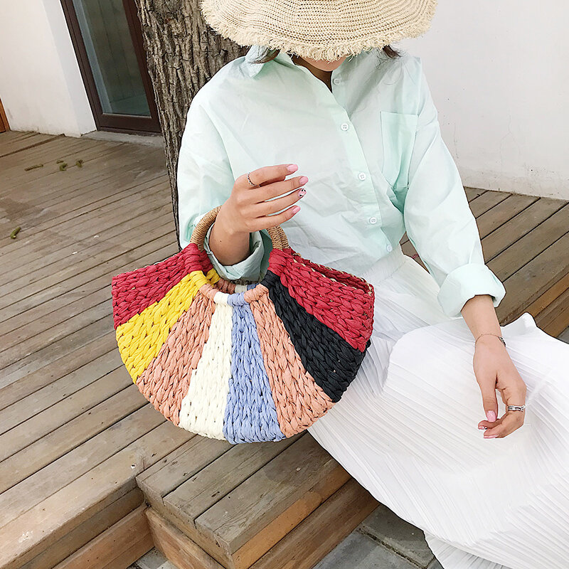 New Handmade Semicircle Women Handbag Summer Woven Beach Big Female Bohemia Straw Bag Fashion Knitted Handle Vacation Tote New