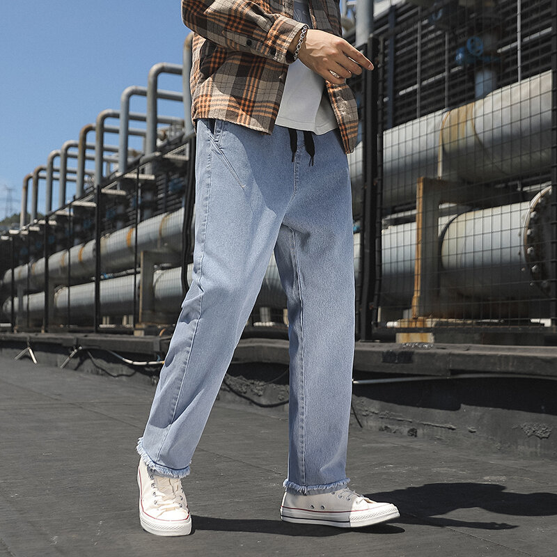 Celana Jeans Lurus Bue Hitam Musim Semi Musim Gugur Celana Overall Denim Kasual Katun Longgar Pria Celana Jeans Longgar Ukuran Plus 8XL