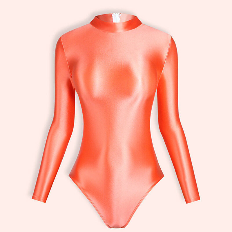 DROZENO seksowna satyna błyszczący kombinezon z długim rękawem na szyję zipper strój kąpielowy jednokolorowe seksowne rajstopy