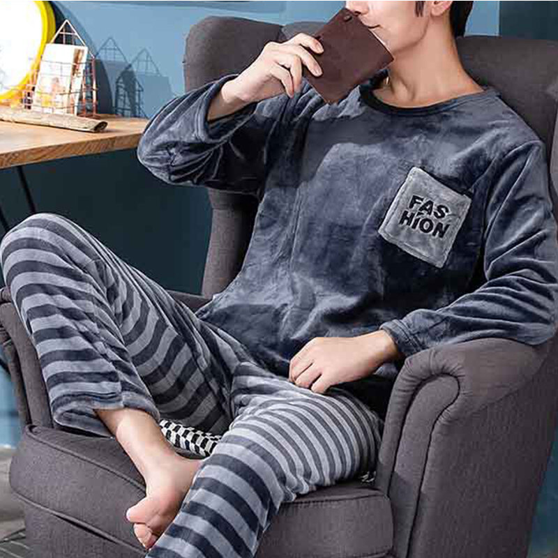 Pijama cálido de franela para hombre, ropa de dormir gruesa de manga larga, informal, de otoño, de lana Coral, XXXL