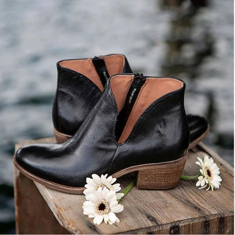 Outono e inverno novo estilo de salto quadrado botas curtas zíper lateral em forma de v design e tornozelo botas de salto grosso sapatos femininos do plutônio kz061