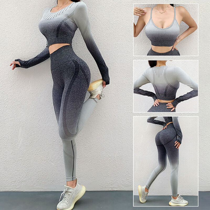 Conjunto de Yoga de cintura alta para mujer, Leggings sin costuras de 3 piezas, Sujetador deportivo, ropa de gimnasio, Top corto, chándal de entrenamiento