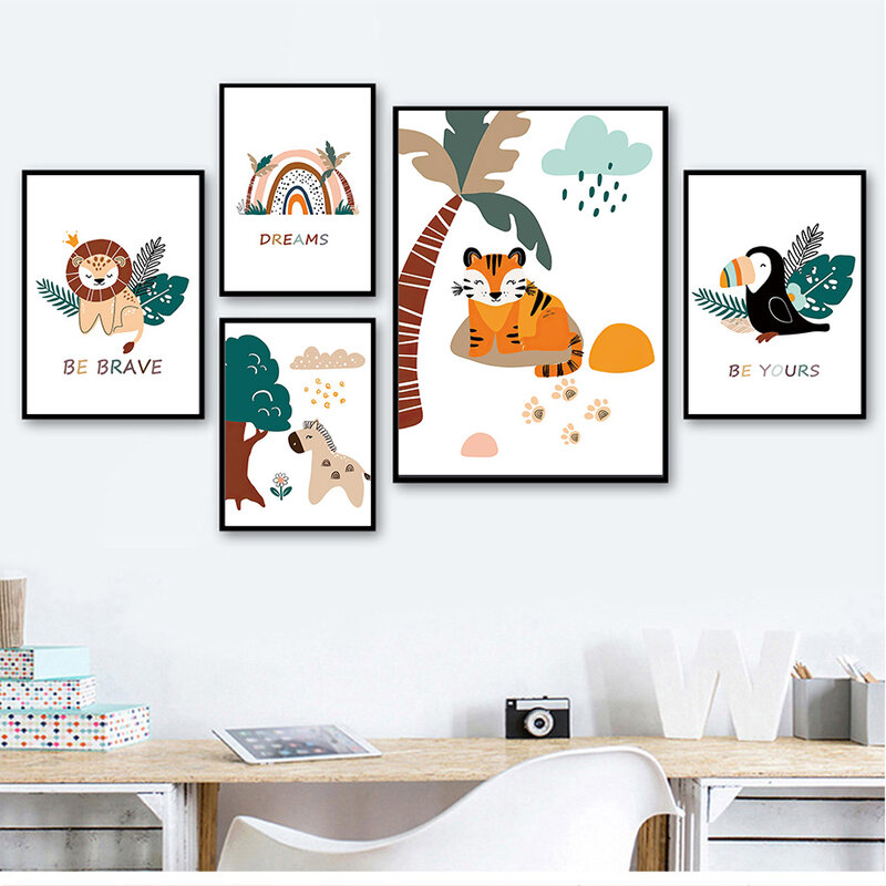 Leão girafa tigre arco-íris berçário animais arte da parede pintura em tela nórdico cartazes e quadros de parede impressão crianças do quarto do bebê decoração
