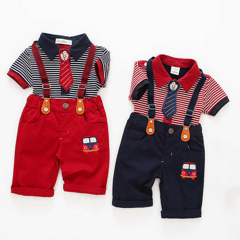 Ropa de caballero para recién nacidos, camisa de manga corta con pantalones cortos de tirantes, conjuntos de 2 piezas para niños